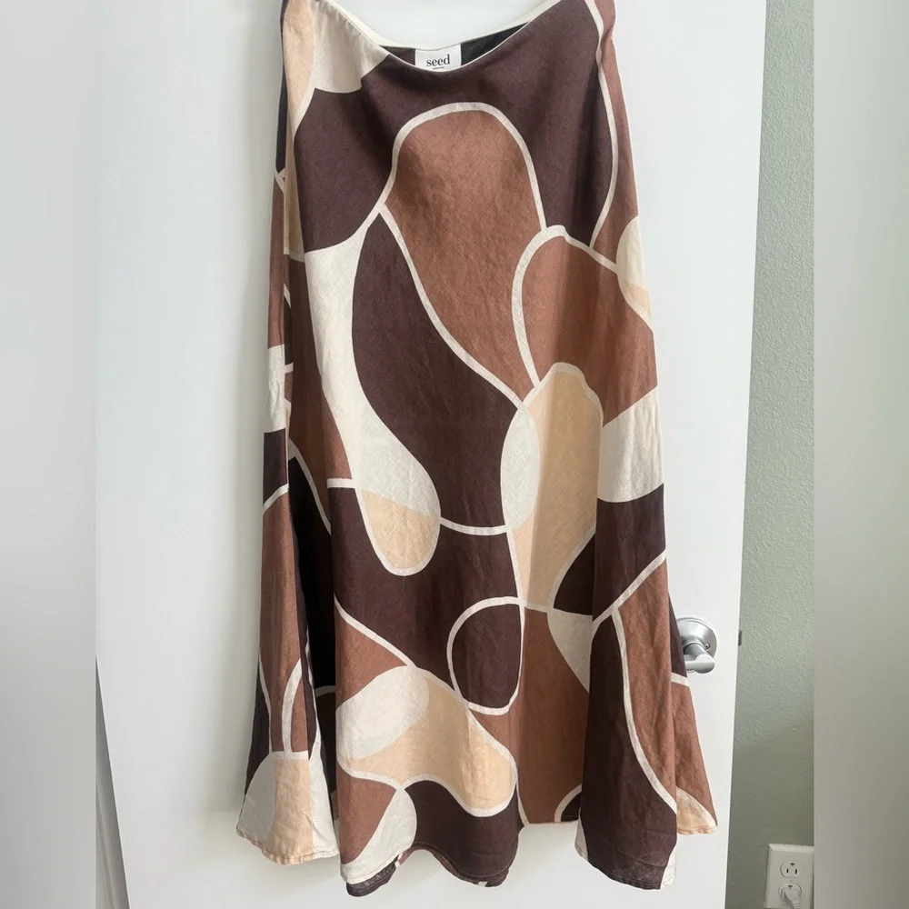 SEED HERITAGE Linen Skirt Abstract Brown Printed Skirt Size 10